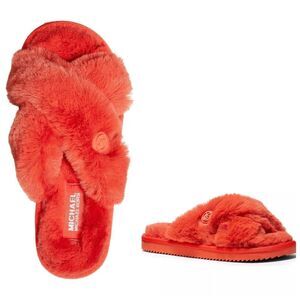 New! MICHAEL KORS Women's Lala Faux Fur Slide Sandals Slippers Sea Coral Size 6